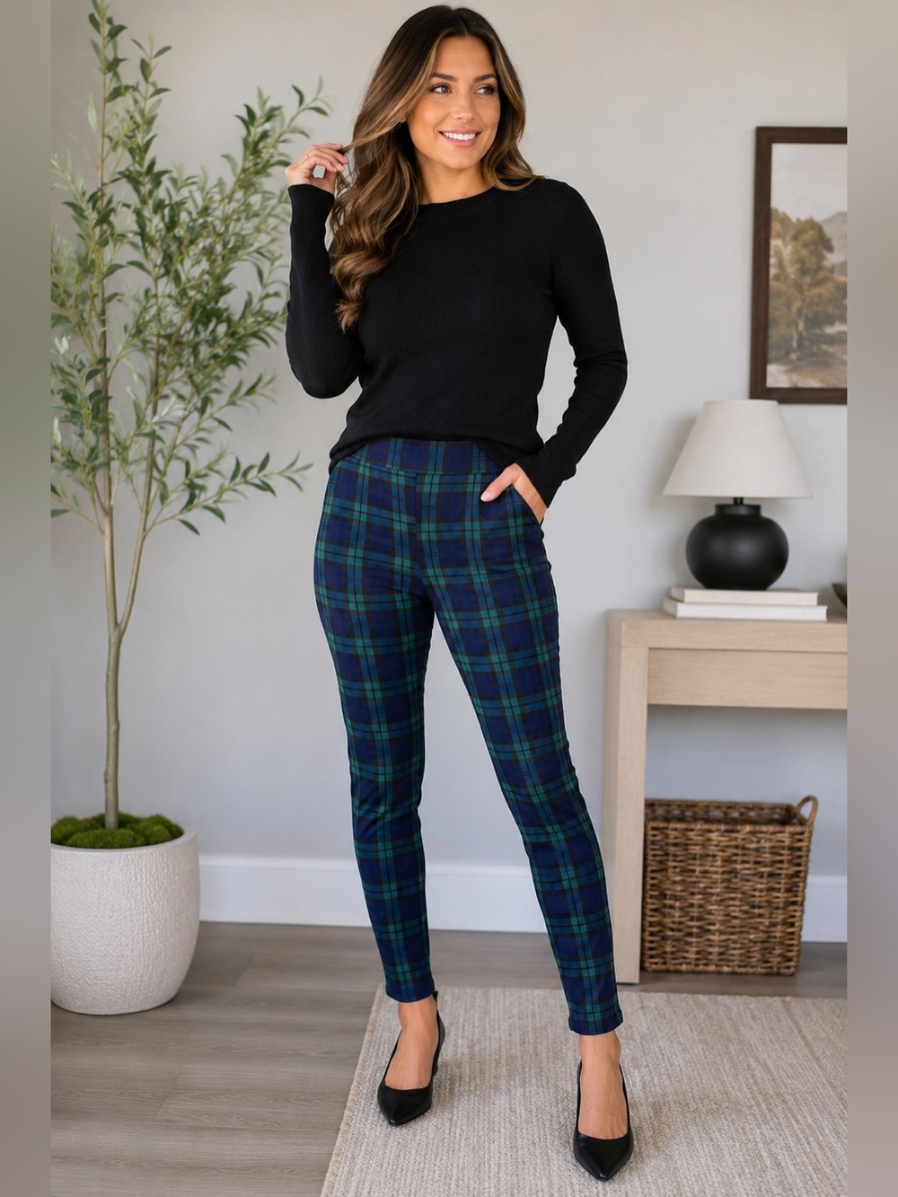 GAP Black Sweater with Blue & Green Plaid Skinny Pants